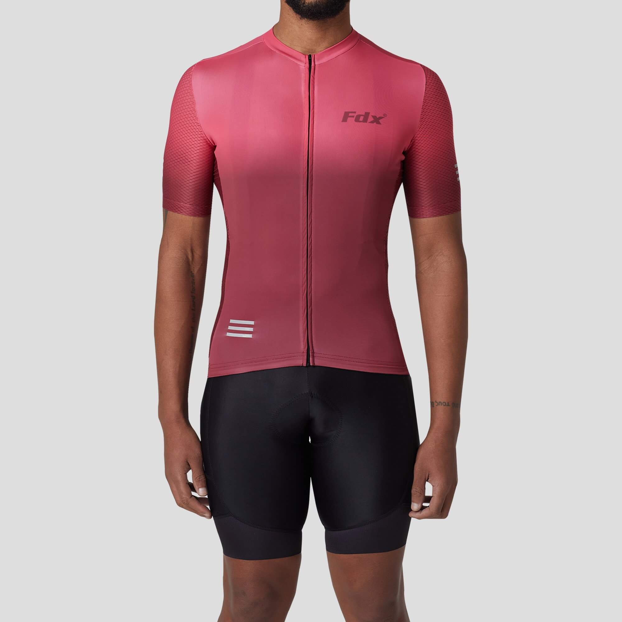 Fdx Mens Pink & Maroon Half Sleeve Summer Cycling Jersey Breathable lightweight Fabric, Bib Short Hi Viz Reflectors & Full Zipper Cycling Gear Australia