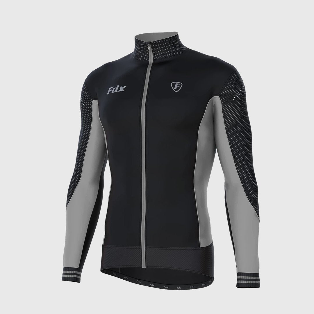Fdx Best Men's Black & Grey Long Sleeve Cycling Jersey for Winter Roubaix Thermal Fleece Road Bike Wear Top Full Zipper, Pockets & Hi viz Reflectors - Thermodream