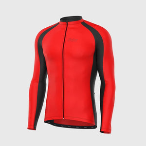 Fdx Red & Black Men's Long Sleeve Cycling Jersey for Winter Roubaix Thermal Fleece Road Bike Wear Top Full Zipper, Pockets & Hi viz Reflectors - Transition