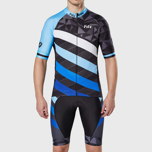 Fdx Mens Blue Half Sleeve Cycling Jersey & Gel Padded Bib Shorts Best Summer Road Bike Wear Light Weight, Hi-viz Reflectors & Pockets - Equin