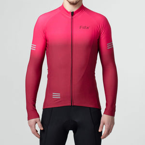 Fdx Mens Pink & Maroon Long Sleeve Cycling Jersey for Winter Roubaix Thermal Fleece Road Bike Wear Top Full Zipper, Pockets & Hi-viz Reflectors - Duo