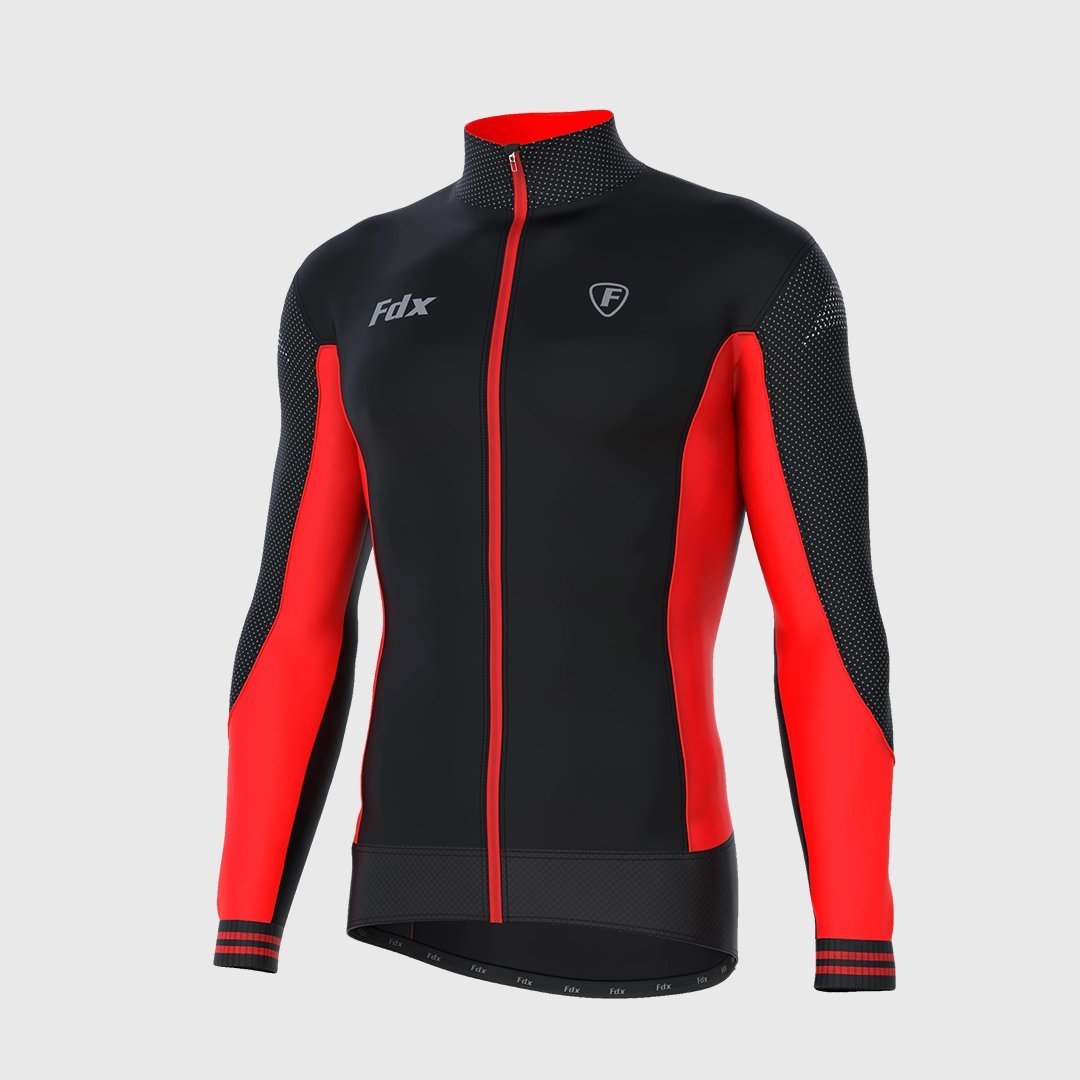 Fdx Best Men's Black & Red Long Sleeve Cycling Jersey for Winter Roubaix Thermal Fleece Road Bike Wear Top Full Zipper, Pockets & Hi viz Reflectors - Thermodream