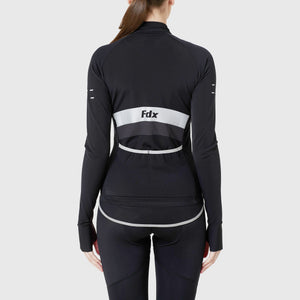 Fdx Womens Black Long Sleeve Cycling Jersey for Winter Roubaix Thermal Fleece Road Bike Wear Top Full Zipper, Pockets & Hi-viz Reflectors - Arch