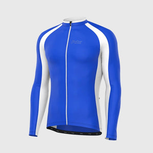 Fdx Blue & White Full Sleeve Best Men's Cycling Jersey for Winter Roubaix Thermal Fleece Road Bike Wear Top Full Zipper, Pockets & Hi-viz Reflectors - Transition