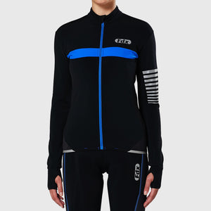 Women’s Black & Blue full sleeves cycling jersey windproof warm Roubaix winter biking top, lightweight long sleeves thermal fleece shirt for bike riding