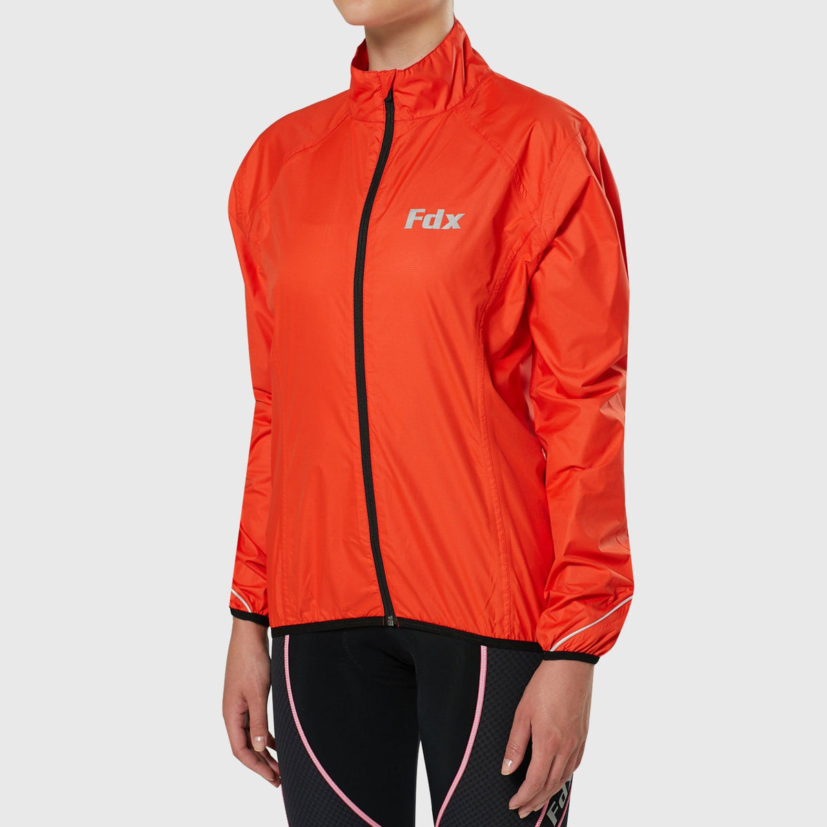 FDX Orange cycling jacket Women’s waterproof breathable MTB rain top, quick dry packable lightweight reflective rain jacket for riding running training