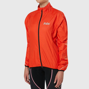 FDX Orange cycling jacket Women’s waterproof breathable MTB rain top, quick dry packable lightweight reflective rain jacket for riding running training