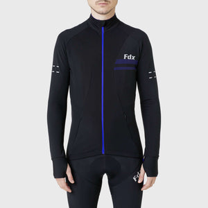 Fdx Men's Black & Blue Long Sleeve Cycling Jersey for Winter Roubaix Thermal Fleece Road Bike Wear Top Full Zipper, Pockets & Hi viz Reflectors - Arch