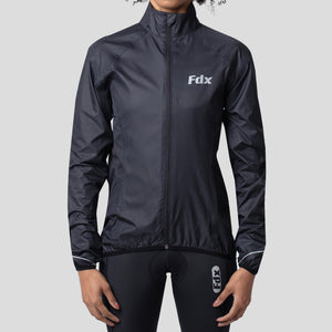 FDX Black cycling jacket Women’s waterproof breathable MTB rain top, quick dry packable lightweight reflective rain jacket for riding running training