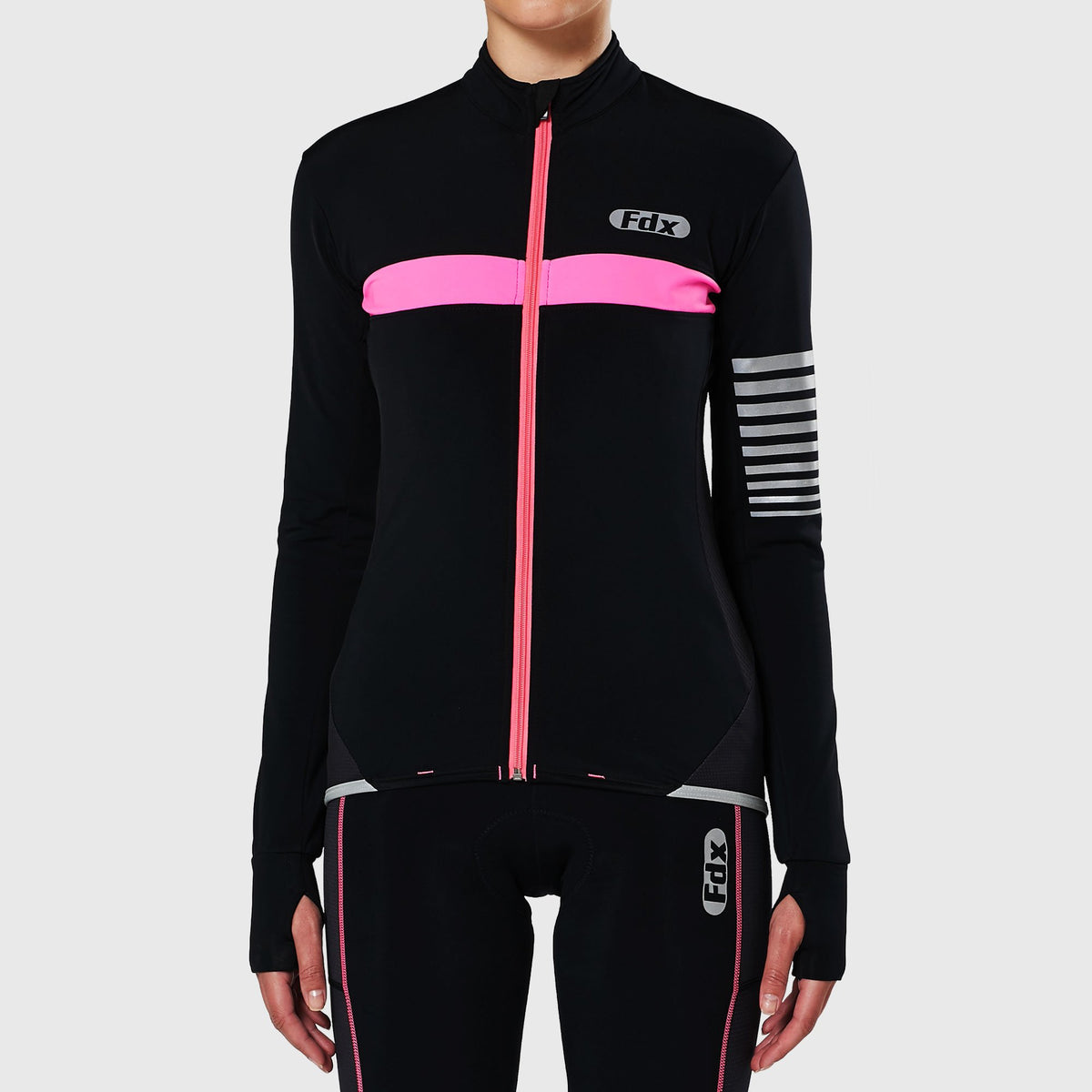 Women’s Black & Pink full sleeves cycling jersey windproof warm Roubaix winter biking top, lightweight long sleeves thermal fleece shirt for bike riding