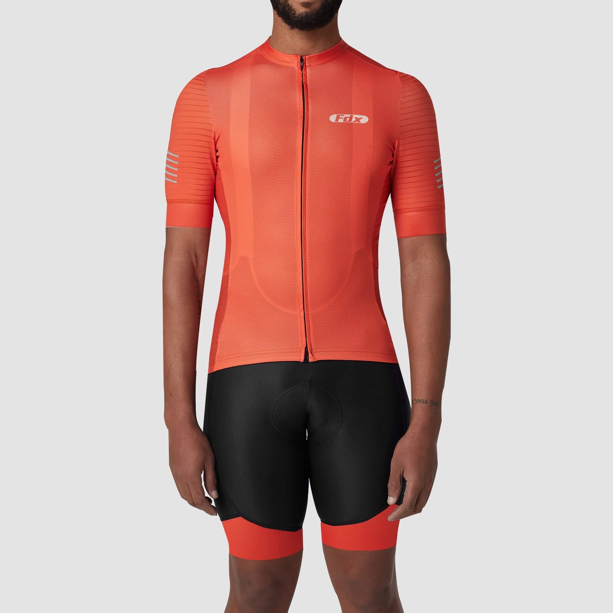 Fdx Mens Orange Short Sleeve Cycling Jersey & Gel Padded Bib Shorts Best Summer Road Bike Wear Light Weight, Hi-viz Reflectors & Pockets - Essential