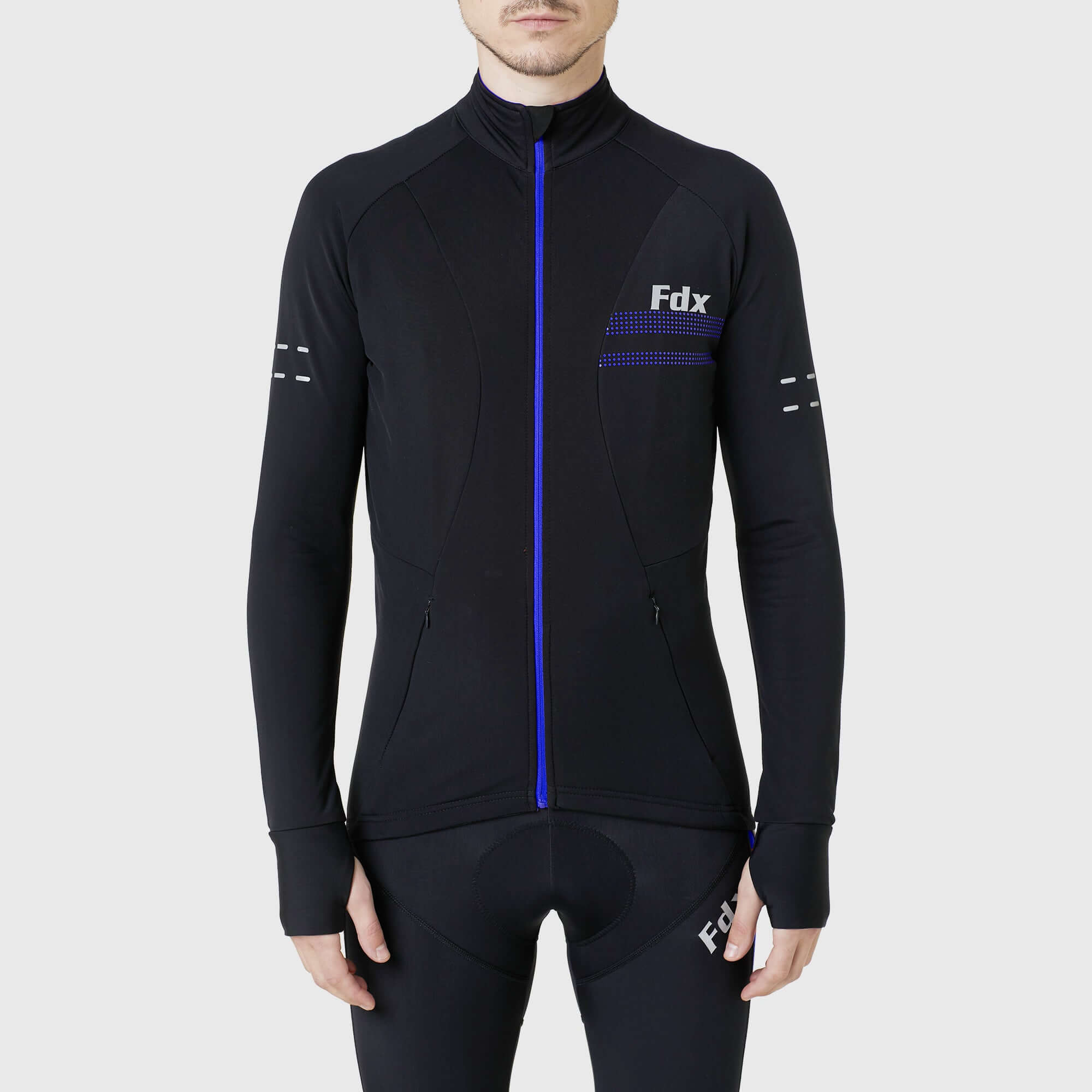 Fdx Men's Black & Blue Long Sleeve Cycling Jersey & Gel Padded Bib Tights Pants for Winter Roubaix Thermal Fleece Road Bike Wear Windproof, Hi-viz Reflectors & Pockets - Arch