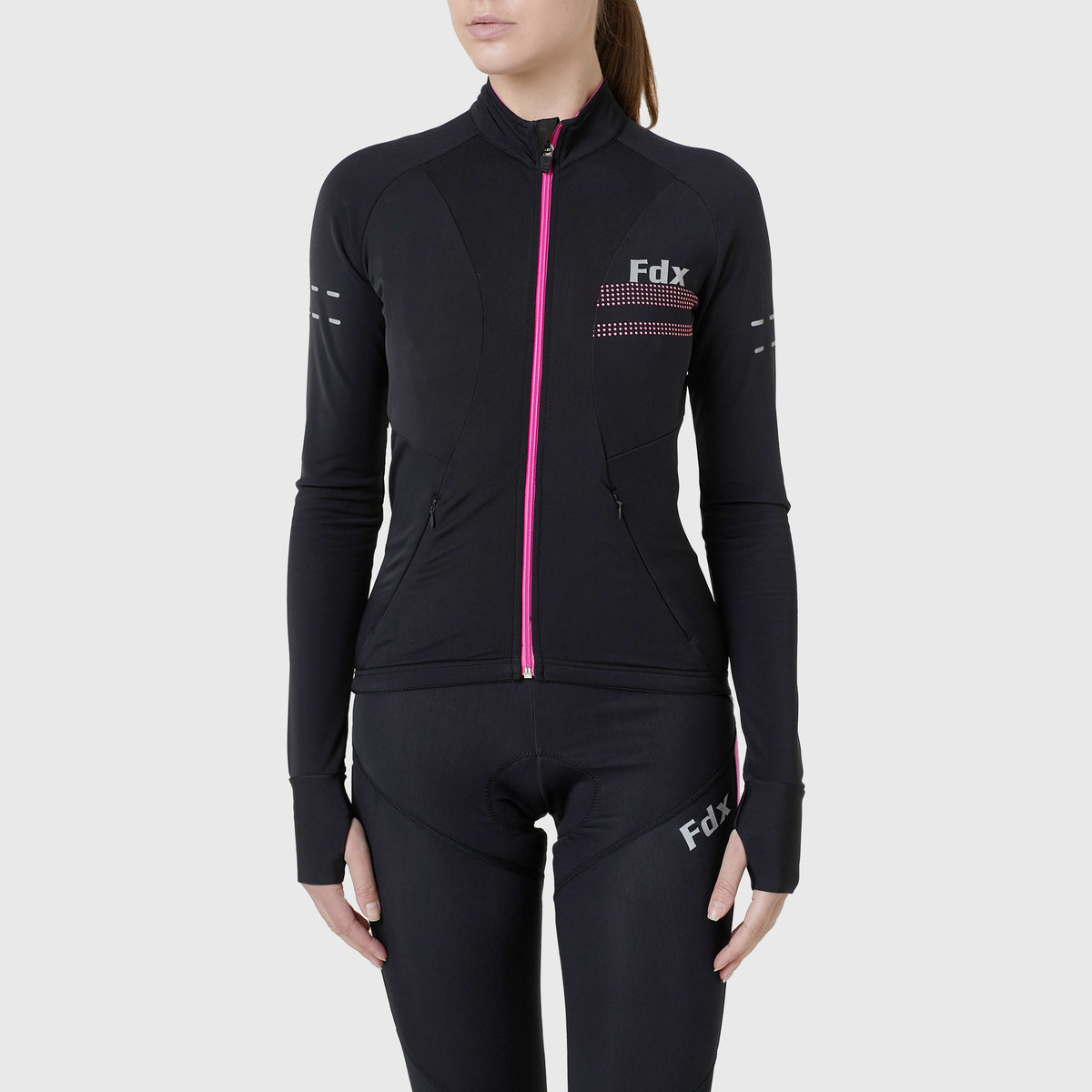 Women’s Black & Pink full sleeves cycling jersey windproof warm Roubaix winter biking top, lightweight long sleeves thermal fleece shirt for bike riding