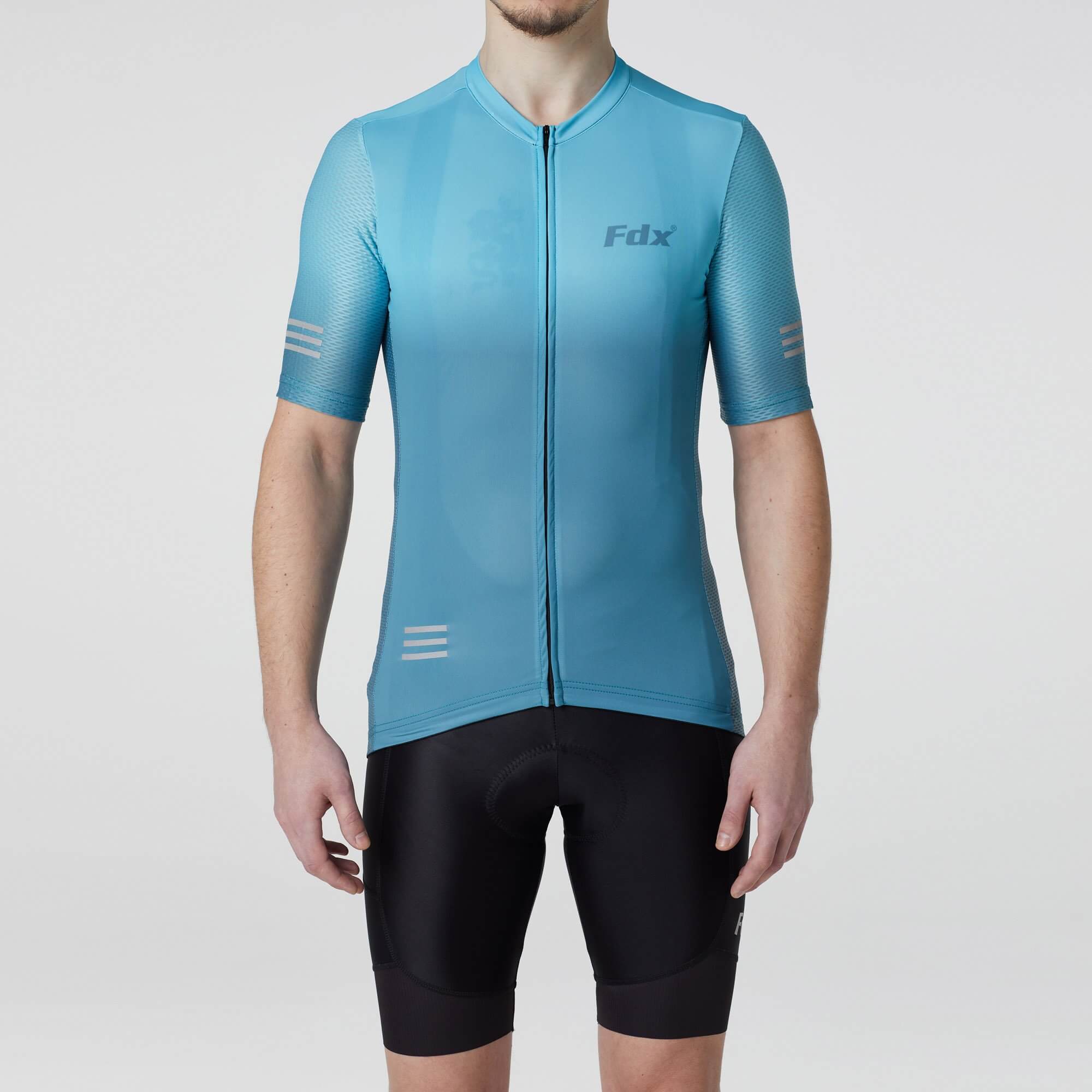 Fdx Mens Blue Half Sleeve Summer Cycling Jersey Breathable lightweight Fabric, Bib Short Hi Viz Reflectors & Full Zipper Cycling Gear Australia