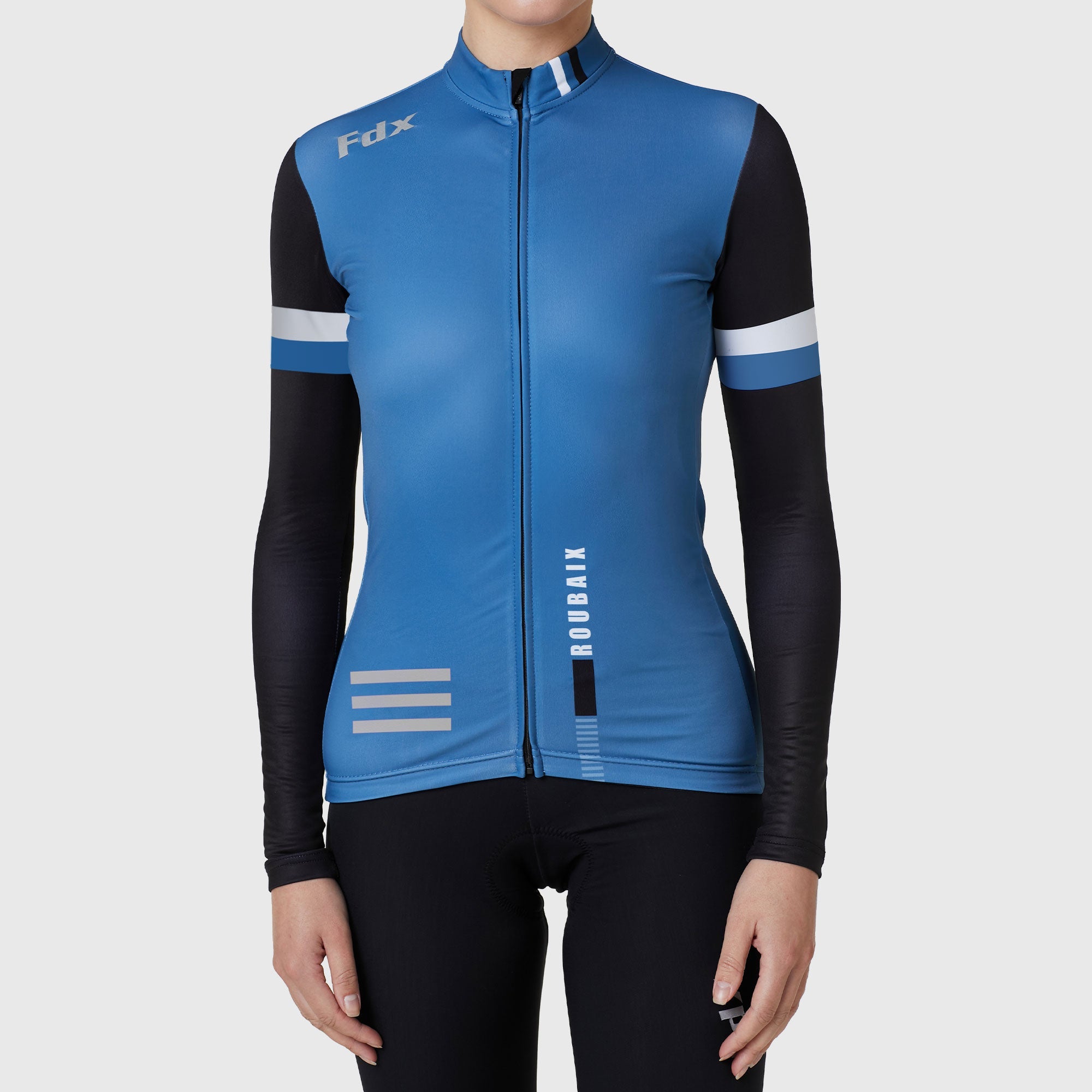 Fdx Best Women's Black & Blue Long Sleeve Cycling Jersey for Winter Roubaix Thermal Fleece Shirt Road Bike Wear Top Full Zipper, Lightweight  Pockets & Hi viz Reflectors - Limited Edition