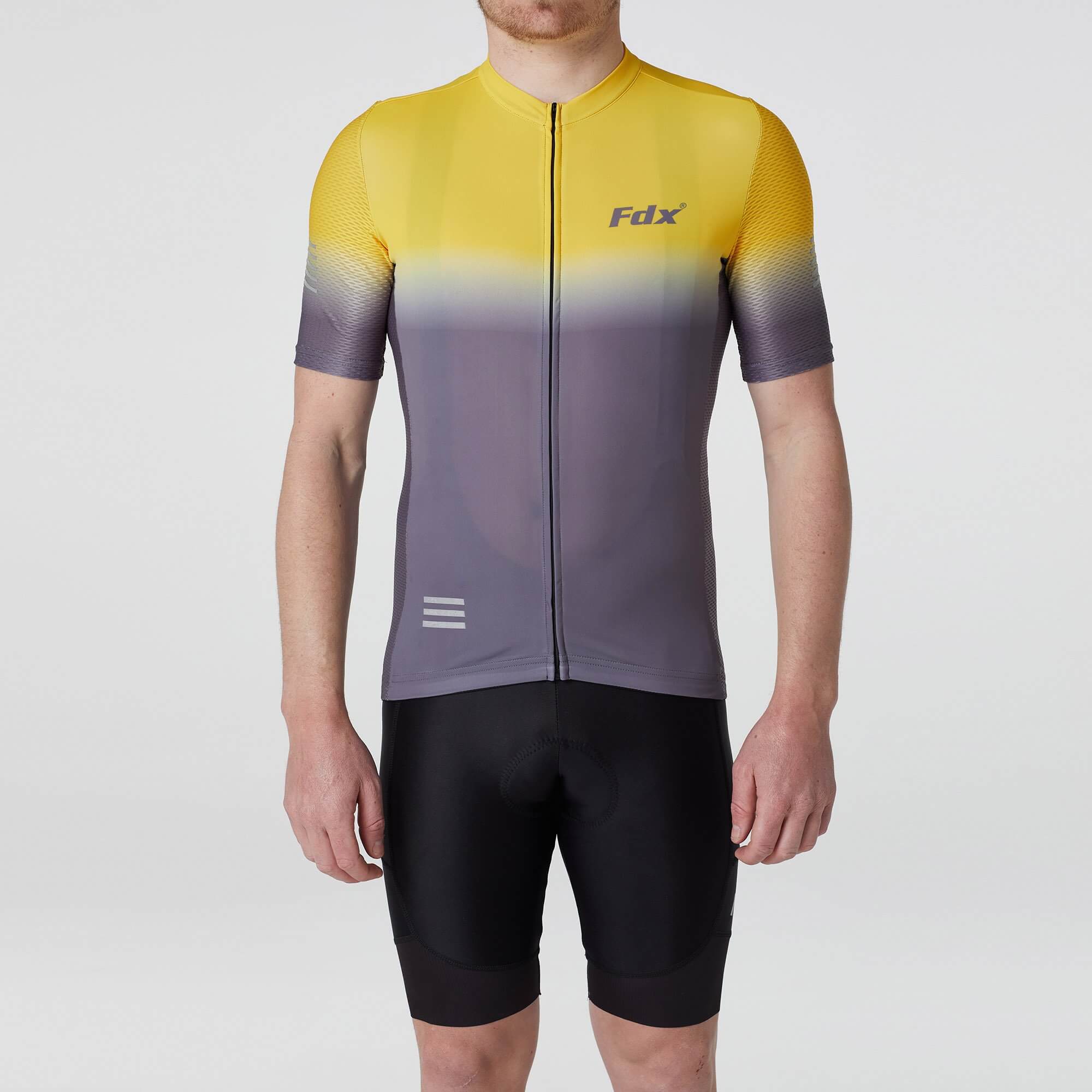 Fdx Mens Yellow & Grey Half Sleeve Summer Cycling Jersey Breathable lightweght Fabric, Bib Short Hi Viz Reflectors & Full Zipper Cycling Gear Australia