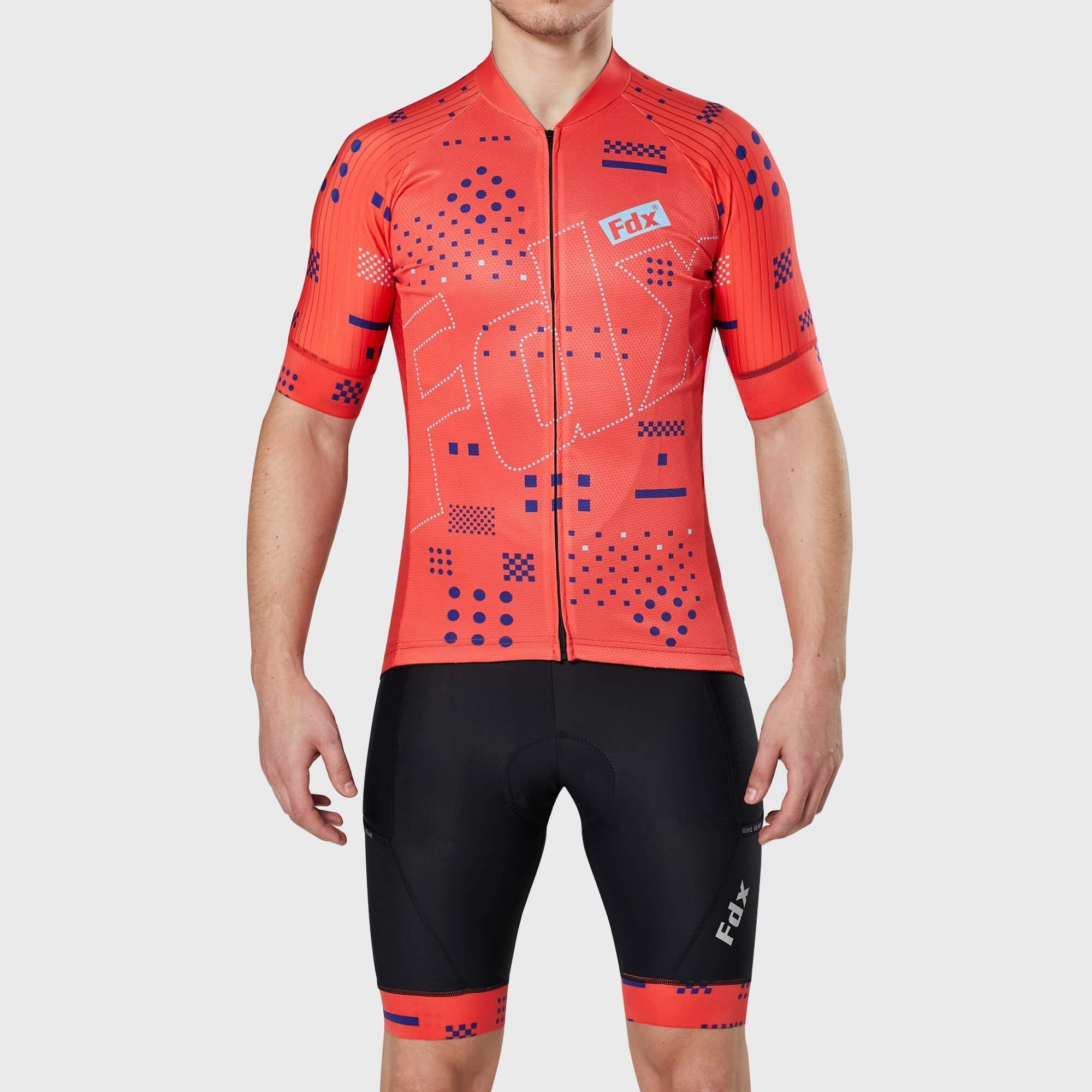 Fdx Mens Red Sleeve Cycling Jersey & Gel Padded Bib Shorts Best Summer Road Bike Wear Light Weight, Hi-viz Reflectors & Pockets - All Day
