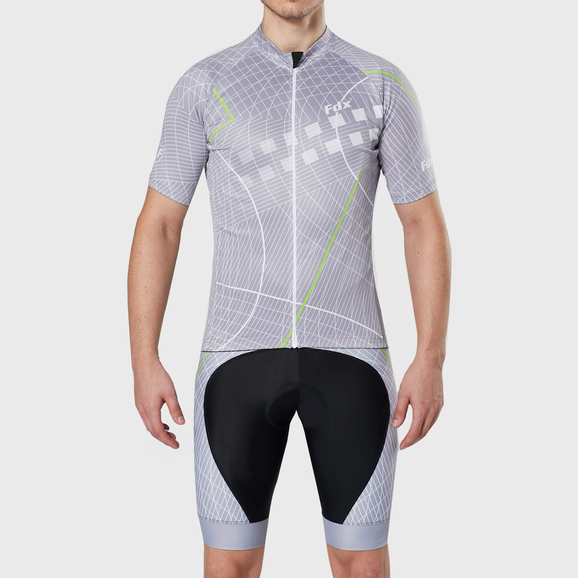 Fdx Mens Grey Short Sleeve Cycling Jersey & Gel Padded Bib Shorts Best Summer Road Bike Wear Light Weight, Hi-viz Reflectors & Pockets - Classic II