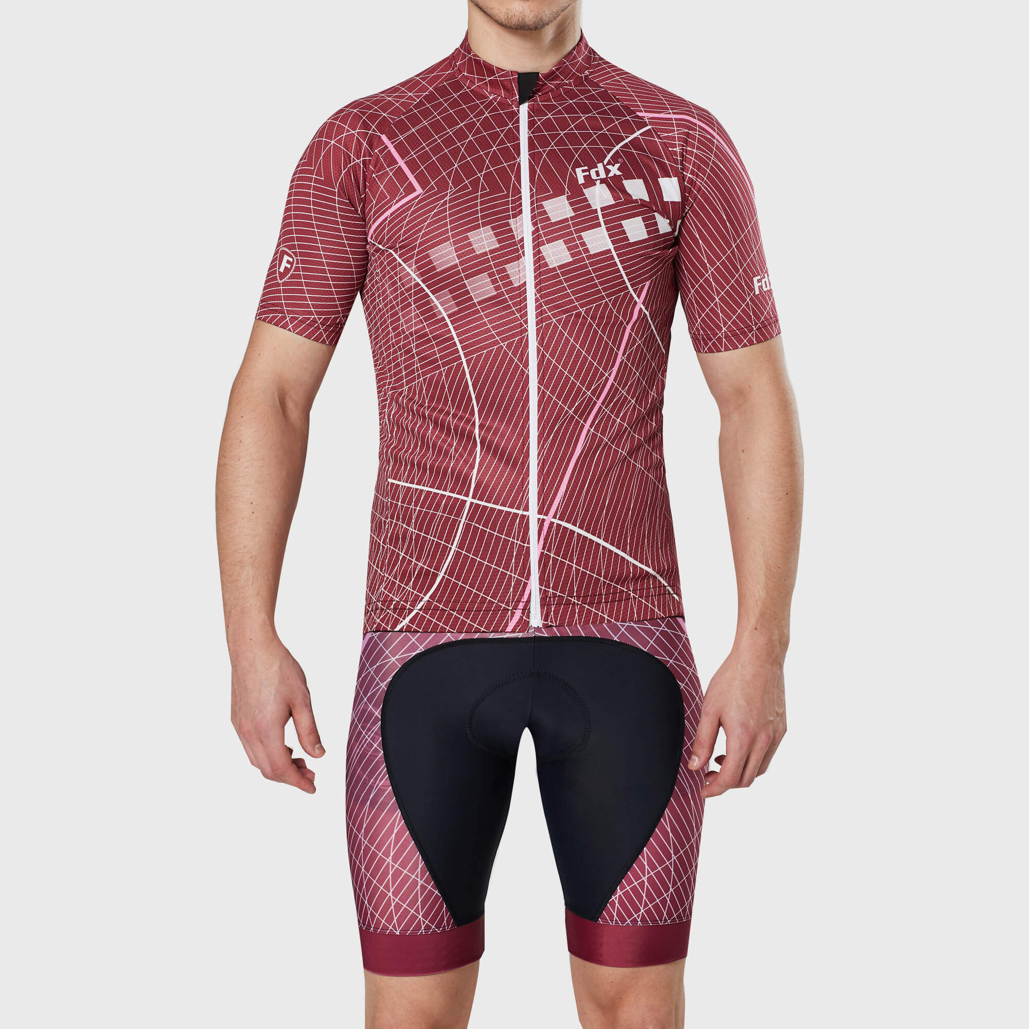 Fdx Mens Red Short Sleeve Cycling Jersey & Gel Padded Bib Shorts Best Summer Road Bike Wear Light Weight, Hi-viz Reflectors & Pockets - Classic II