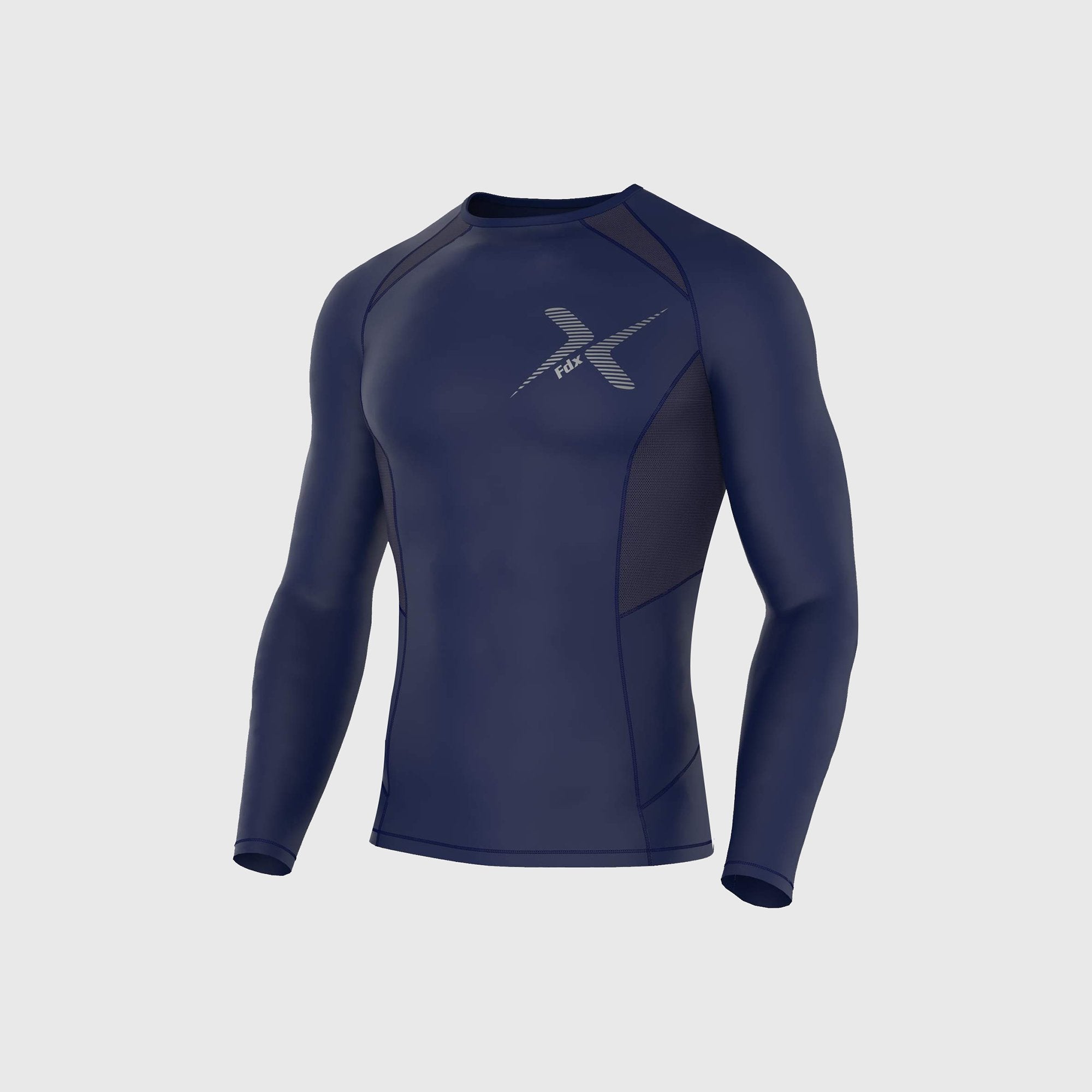 Fdx Best Men's Navy Blue Long Sleeve Compression Top Running Gym Workout Wear Rash Guard Stretchable Breathable - Recoil