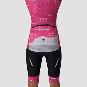 Fdx Women's Pink Short Sleeve Cycling Jersey Side mesh panel & Black Gel Padded Bib Shorts Summer Road Bike Wear Light Weight, Hi viz Reflectors & Pockets - All Day