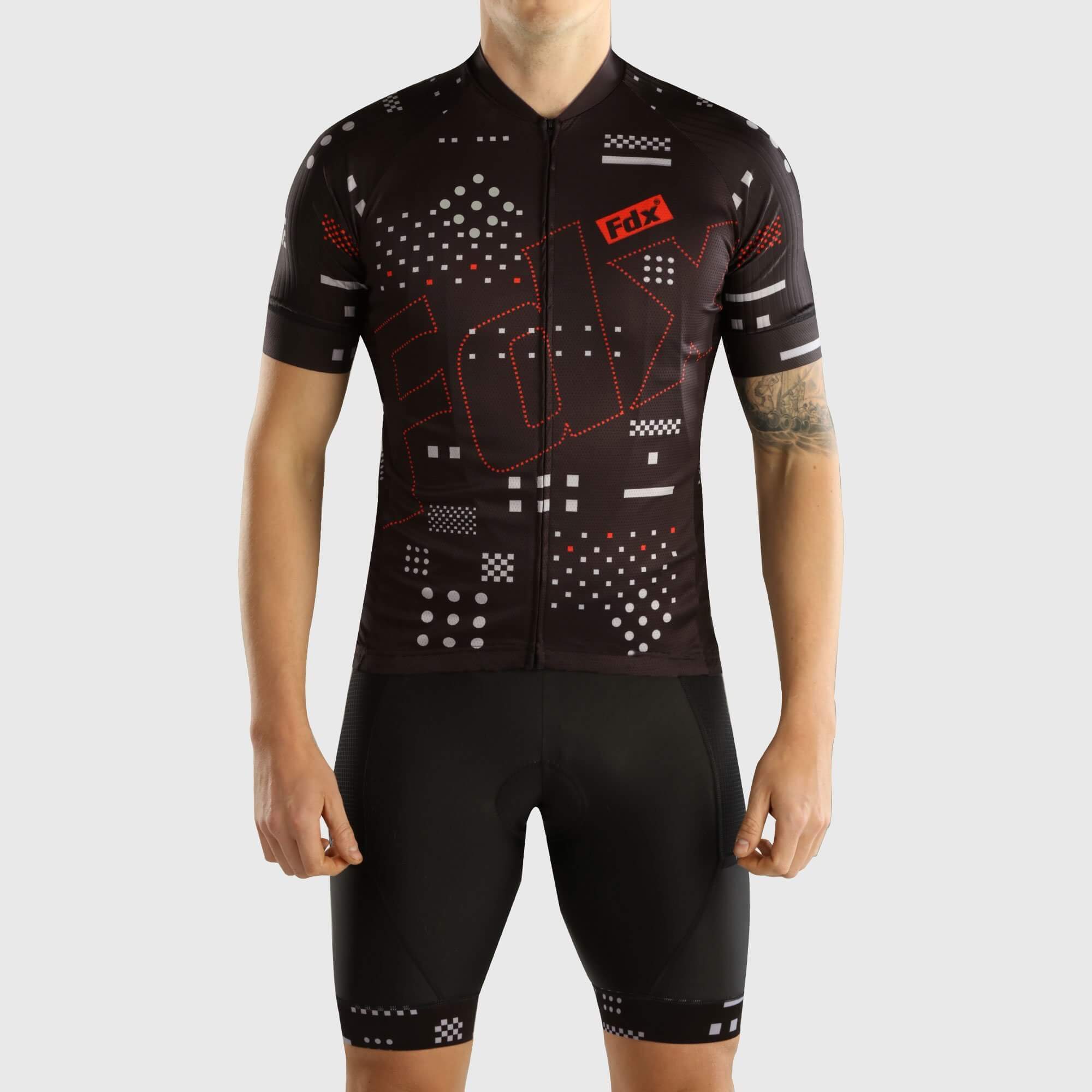Fdx Mens Red Black Sleeve Cycling Jersey & Gel Padded Bib Shorts Best Summer Road Bike Wear Light Weight, Hi-viz Reflectors & Pockets - All Day