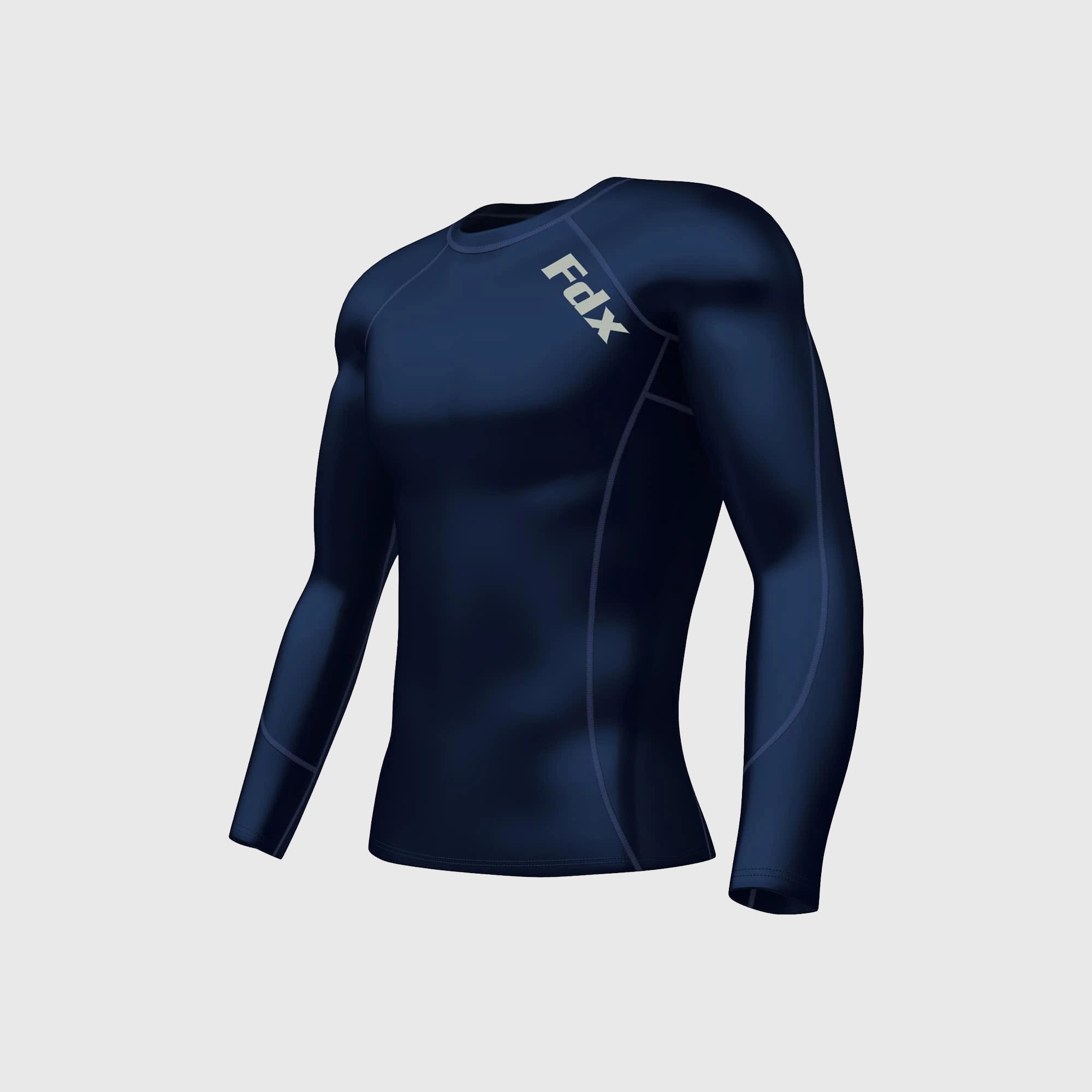 Fdx Men's Navy Blue Long Sleeve Compression Top Running Gym Workout Wear Rash Guard Stretchable Breathable - Thermolinx