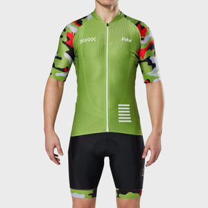 Fdx Men's Green Half Sleeve Cycling Jersey & Gel Padded Bib Shorts Best Summer Road Bike Wear Light Weight, Hi-viz Reflectors & Pockets - Camouflage