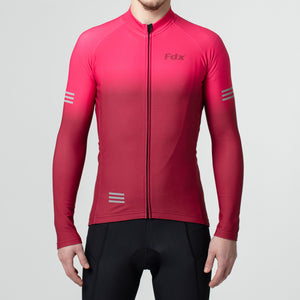 Fdx Men's Thermal Pink & Maroon Long Sleeve Cycling Jersey for Winter Roubaix Fleece Road Bike Wear Top Full Zipper, Pockets & Hi viz Reflectors - Duo