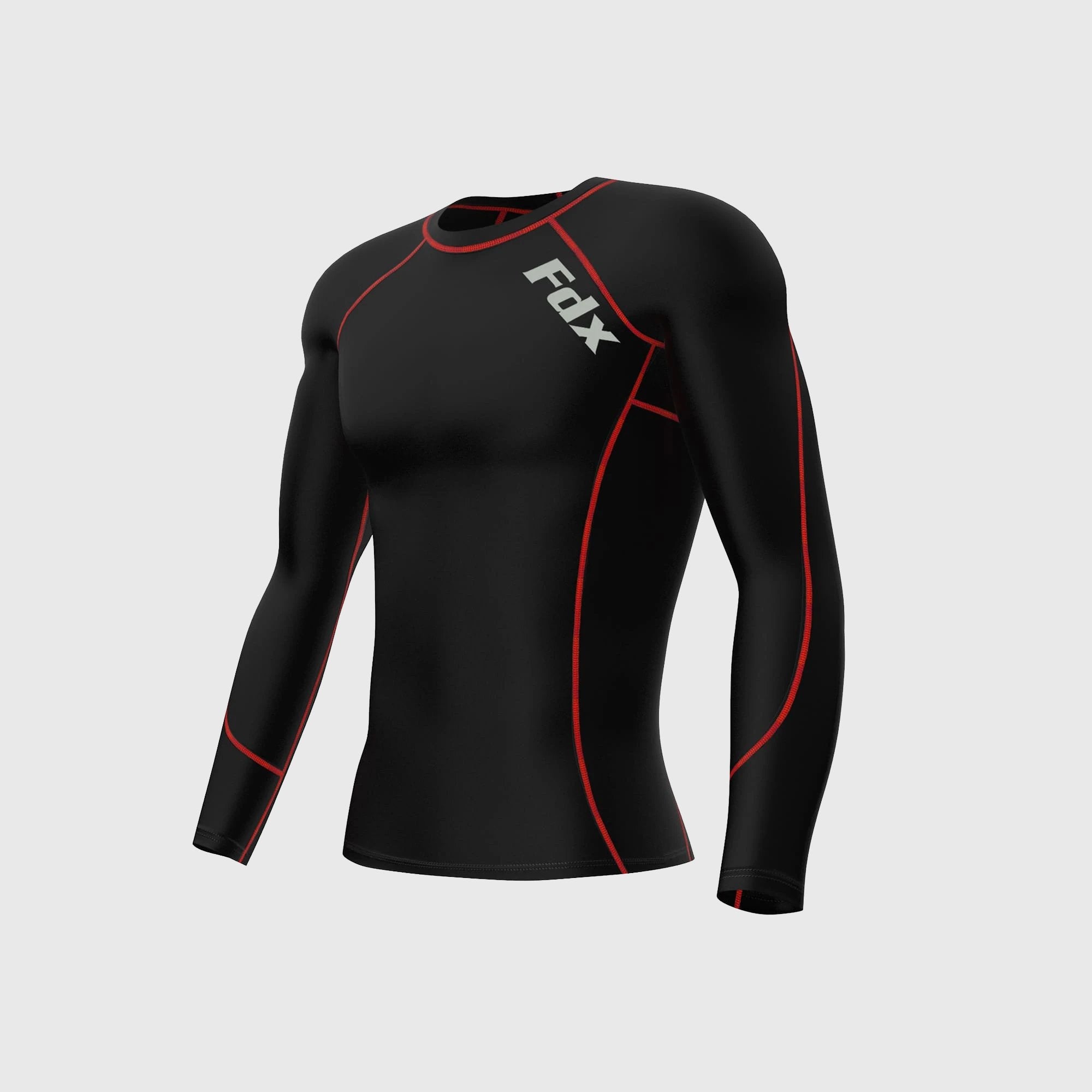 Fdx Men's Black & Red Long Sleeve Compression Top Running Gym Workout Wear Rash Guard Stretchable Breathable - Thermolinx