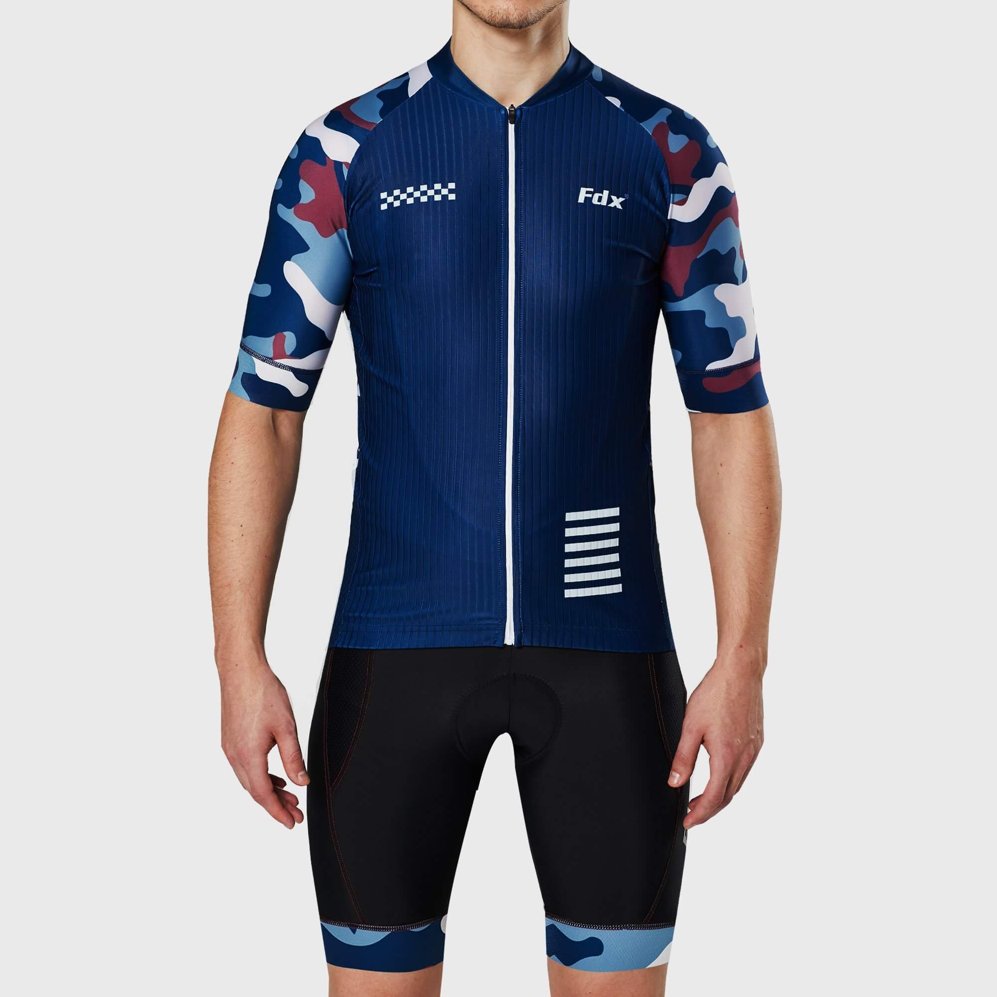 Fdx Mens Blue Short Sleeve Cycling Jersey & Gel Padded Bib Shorts Best Summer Road Bike Wear Light Weight, Hi-viz Reflectors & Pockets - Camouflage