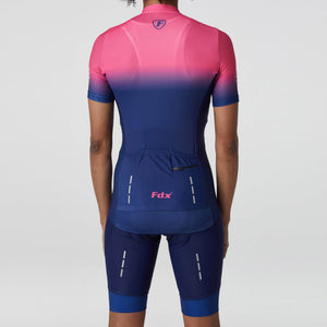 Fdx Women's Blue & Pink Short Sleeve Cycling Jersey & Gel Padded Bib Shorts Best Summer Road Bike Wear Light Weight, Hi-viz Reflectors & Pockets - Duo