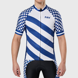Men’s Fdx blue & white full zip best short sleeves cycling jersey indoor & outdoor Hi-Viz Reflective details breathable summer lightweight biking top, skin friendly Hi-Viz Reflective half sleeves cycling shirt for riding with two back pockets