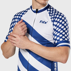 Men’s blue & white best Fdx full zip short sleeves cycling jersey Hi-Viz Reflective details breathable summer lightweight biking top, skin friendly Hi-Viz Reflective half sleeves cycling shirt for indoor & outdoor riding with two back pockets