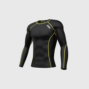 Fdx Men's Black & Yellow Long Sleeve Compression Top & Compression Tights Base Layer Gym Training Jogging Yoga Fitness Body Wear - Blitz