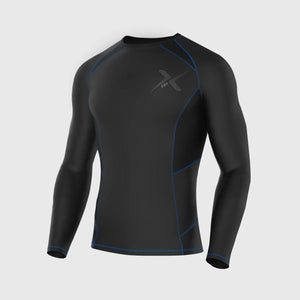 Fdx Mens Black & Blue Long Sleeve Compression Top Running Gym Workout Wear Rash Guard Stretchable Breathable - Recoil