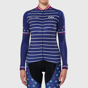 Fdx Women's Navy Blue Long Sleeve Cycling Jersey for Winter Roubaix Thermal Fleece Road Bike Wear Top Full Zipper, Pockets & Hi-viz Reflectors - Ripple