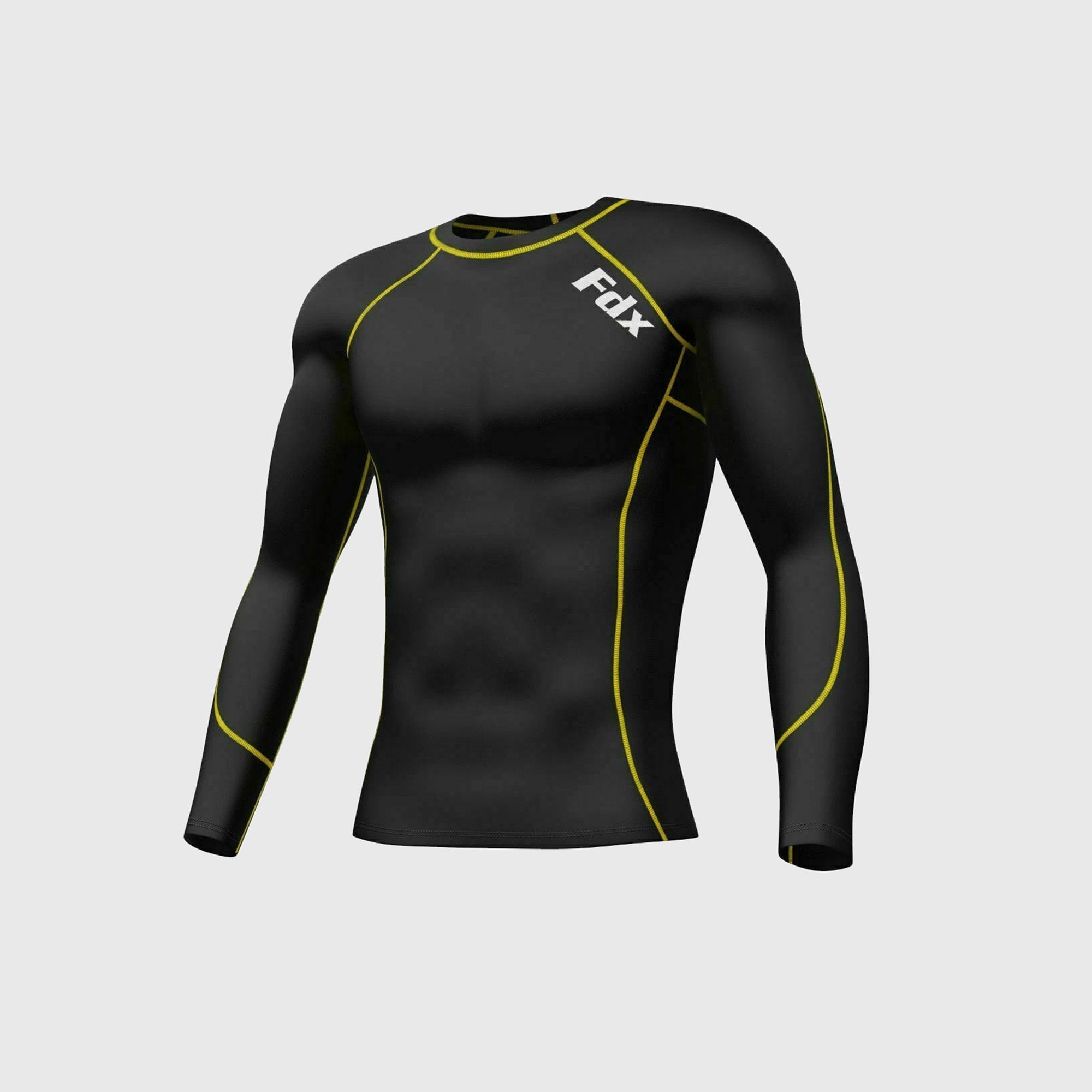 Fdx Men's Black & Yellow Long Sleeve Compression Top Running Gym Workout Wear Rash Guard Stretchable Breathable - Blitz