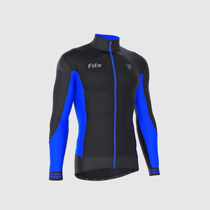 Fdx Mens Black & Blue Long Sleeve Cycling Jersey for Winter Roubaix Thermal Fleece Road Bike Wear Top Full Zipper, Pockets & Hi-viz Reflectors - Thermodream