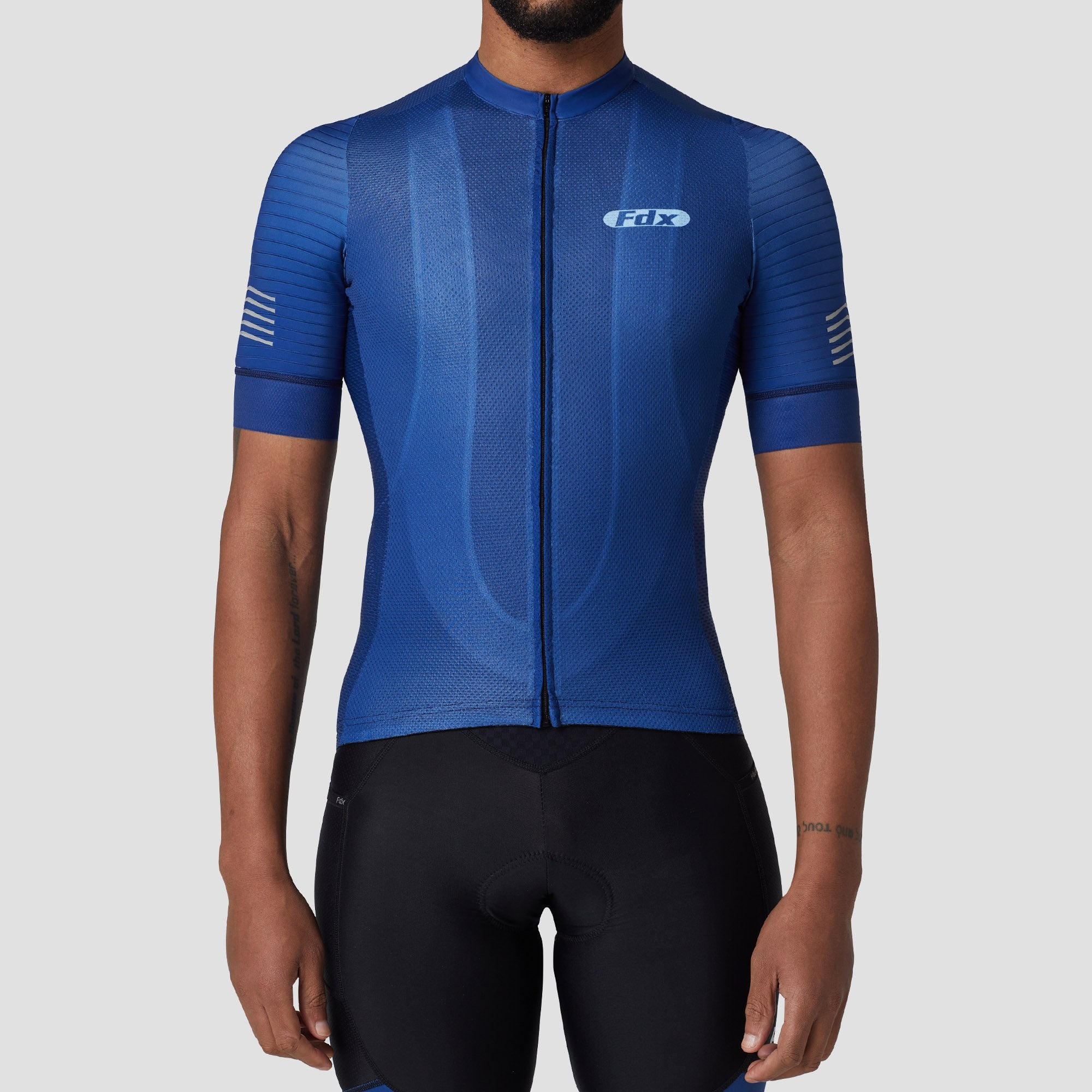 Fdx men’s blue full zip short sleeves best cycling jersey Hi-Viz Reflective details breathable summer lightweight biking top, Hi-Viz Reflective skin friendly half sleeves cycling shirt for indoor & outdoor riding with two back pockets