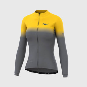 Women's Yellow & Grey Winter Cycling Suit, Windproof Thermal Super Roubaix fleece Clothing, Lightweight Set, Long Sleeve Jersey with 3D Padded Bib Tights