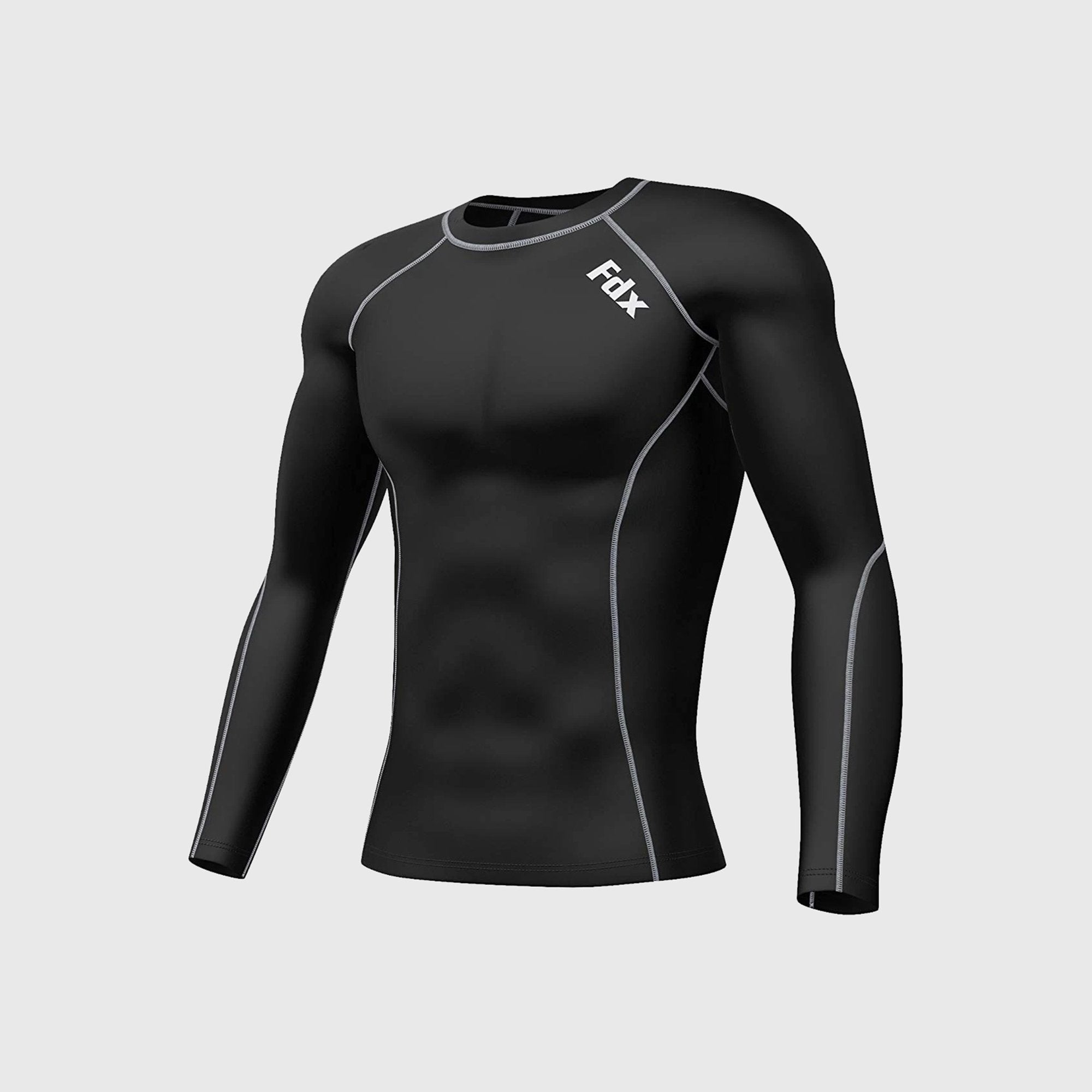 Fdx Mens Black & Grey Long Sleeve Compression Top Running Gym Workout Wear Rash Guard Stretchable Breathable - Blitz