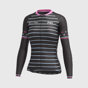 Fdx Black & Pink Women's Blue Long Sleeve Cycling Jersey for Winter Roubaix Thermal Fleece Road Bike Wear Windproof, Hi viz Reflectors & Pockets - Ripple