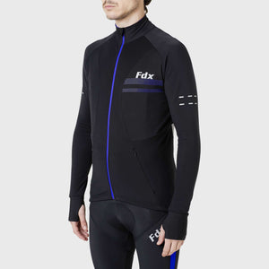 Fdx Mens Black & Blue Long Sleeve Cycling Jersey for Winter Roubaix Thermal Fleece Road Bike Wear Top Full Zipper, Pockets & Hi-viz Reflectors - Arch