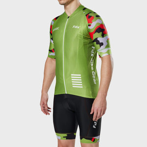 Fdx Mens Green Road Cycling Jersey & Gel Padded Bib Shorts Best Summer Road Bike Wear Light Weight, Hi-viz Reflectors & Pockets - Camouflage