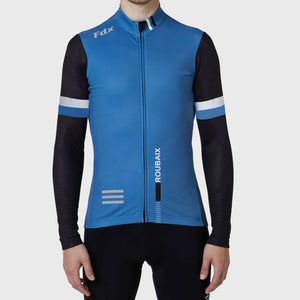 Fdx Mens Black & Blue Long Sleeve Cycling Jersey for Winter Roubaix Thermal Fleece Road Bike Wear Top Full Zipper, Pockets & Hi-viz Reflectors - Limited Edition