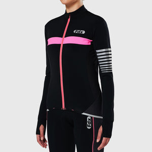 Fdx Women's Black & Pink Long Sleeve Cycling Jersey for Winter Roubaix Thermal Fleece Road Bike Wear Top Full Zipper, Pockets & Hi-viz Reflectors - All Day