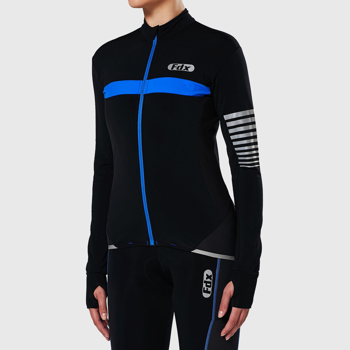 FDX Women’s full sleeves cycling jersey Black & Blue warm winter Roubaix biking top, lightweight windproof long sleeves fleece lined cycle shirt for riding