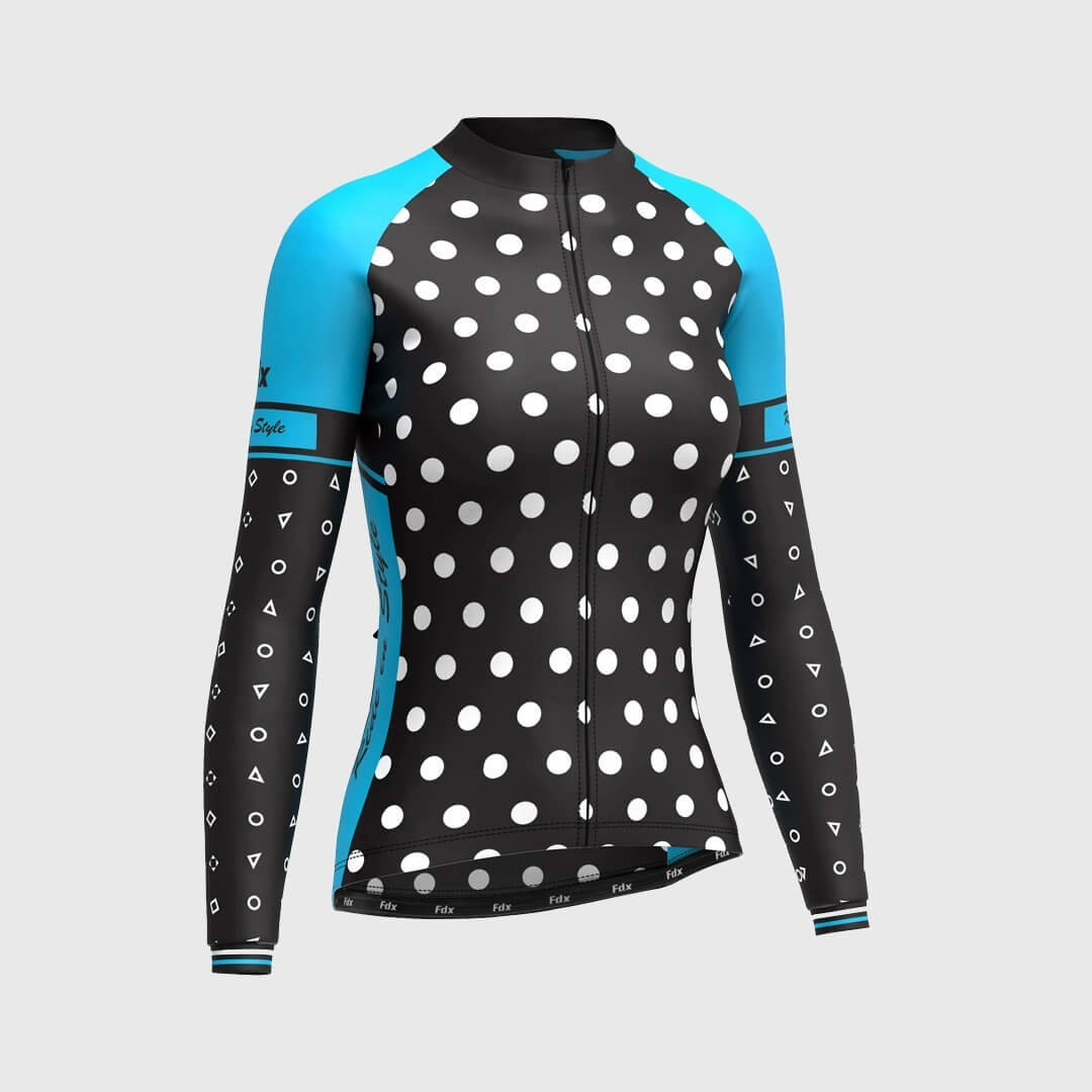 Fdx Women's Black & Blue Long Sleeve Cycling Jersey & Gel Padded Bib Tights Pants for Winter Roubaix Thermal Fleece Road Bike Wear Windproof, Hi-viz Reflectors & Pockets - Polka Dots