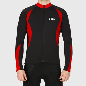 Fdx Red Long Sleeve Men's Best Cycling Jersey for Winter Roubaix Thermal Fleece Road Bike Wear Top Full Zipper, Pockets & Hi viz Reflectors - Viper